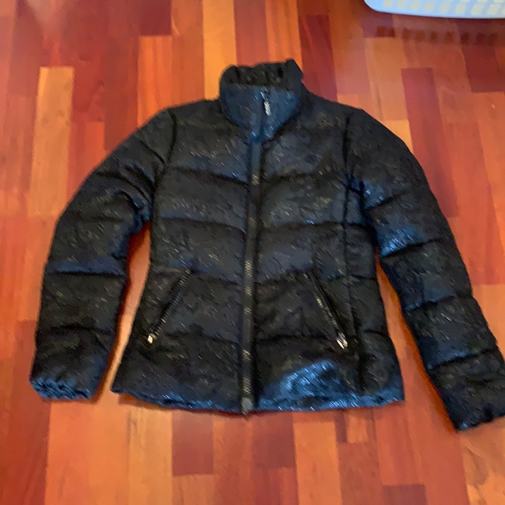 Black floral design moncler puffer coat